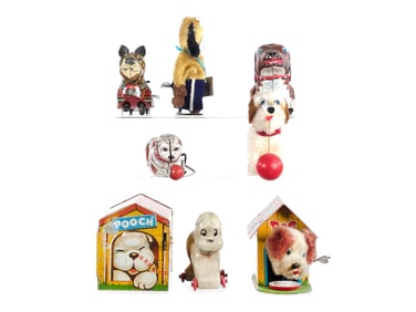 (7) Assorted Tin Litho Dogs & Dog House Toys