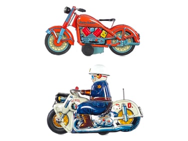 (2) Japanese Tin TN 1958 Harley Davidson & Patrol Motorcycles