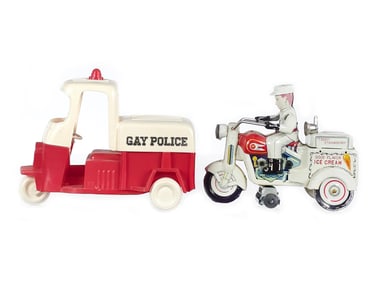 (2) Japanese Tin Ice Cream & Gay Police Cushman Trikes