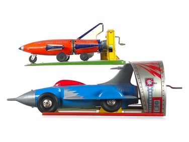 Linemar & Ideal Tin Rocket Cars with Launch Pads