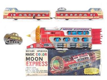 (3) Batt. Op./Windup Tin Train, Space & Tank Toys