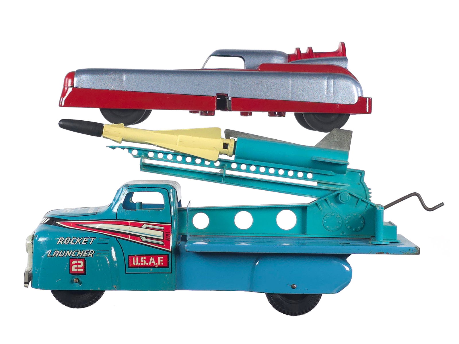 Ideal Futurmatic Car & Marx USAF Mobile Rocket Launcher Truck: Louis Marx & Co. U.S. Air Force Rocket Launcher tin toy truck, including the rocket and measuring approximately 13" L, and a very scarce 1949 Ideal No. 4050 Futurmatic Car, not including the hand tong