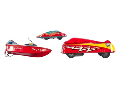(3) Tin Toys Space Vehicles and Boat, Courtland & Japan