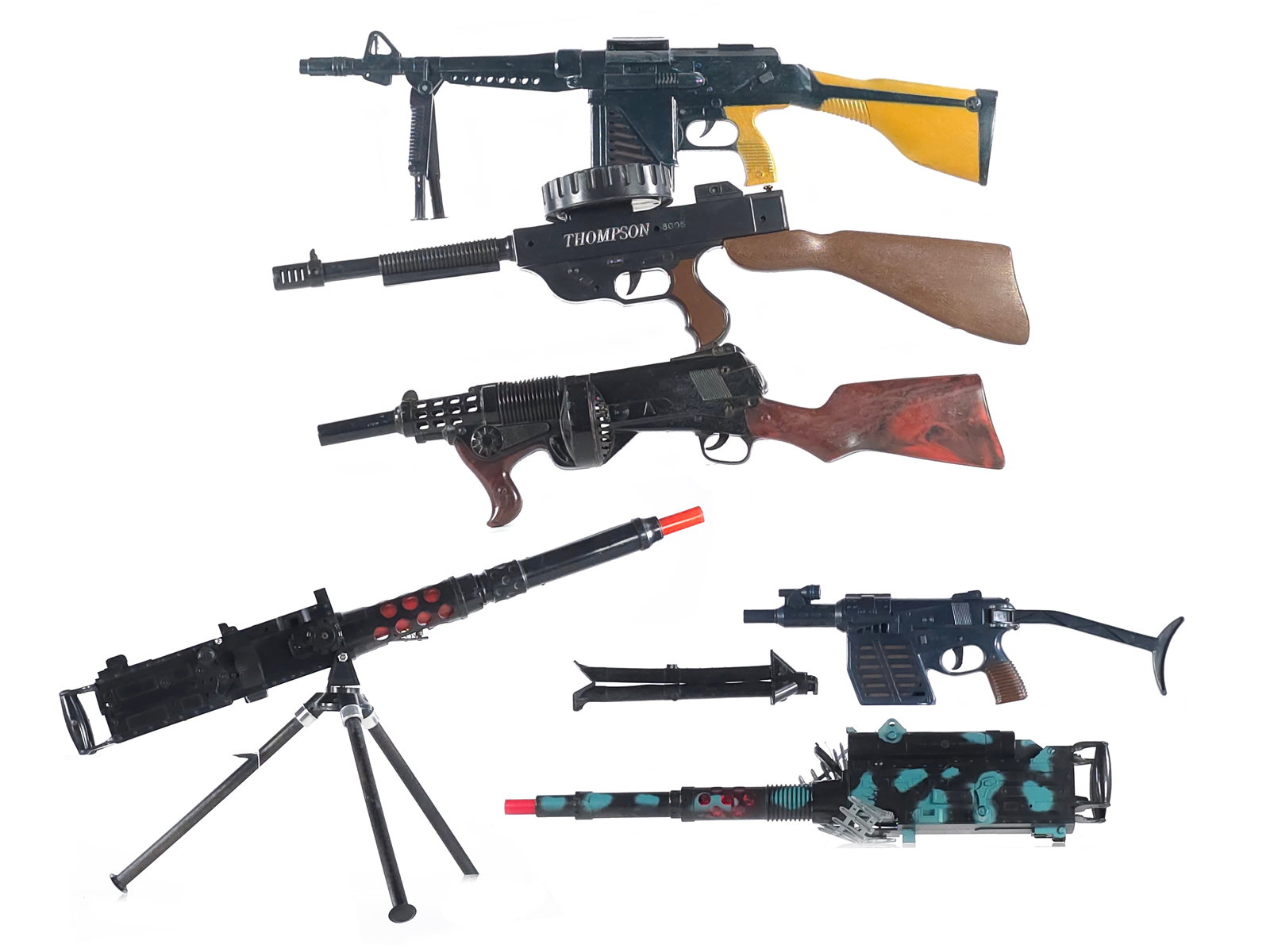 (6) Plastic Toy Guns Assorted: Marx AK, Thompson 3005, Marx WWSA 05, Matsushiro machine gun, and Marx rifle; some work and some do not, one stand is broken off, and one plastic gun stand has a leg that comes off, items measure
