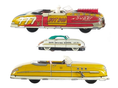 (3) Marx Tin Lithographed Cars 777 Hot Rod/Roadster/Driving School