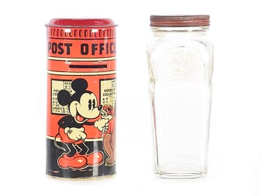 Mickey Mouse Post Office Bank & Mickey Mouse Glass Jar