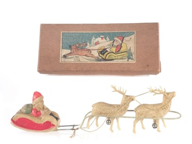 Japanese Celluloid & Tin CK Santa Sleigh Boxed