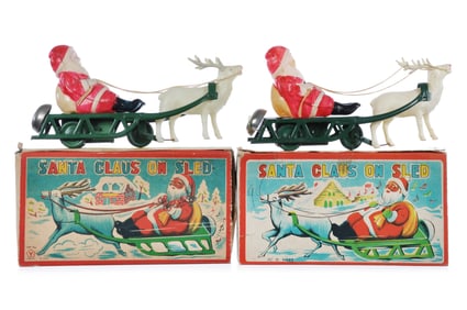 (2) Japanese Tin Windup Santa Claus on Sled Boxed Yonezawa & Mitsushima