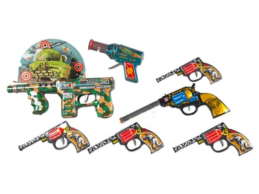 (7) Assorted Tin Litho Toy Guns w/Target