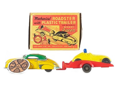 Marx 1949 Mechanical Roadster Racer on Trailer Boxed