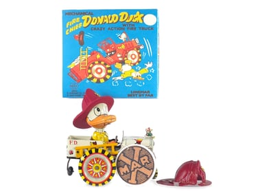 LineMar 1950s Fire Chief Donald Duck with Original Hat, Boxed
