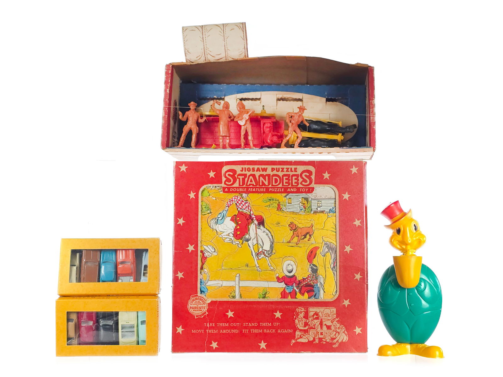 (5) 1950s Midcentury Toys Auburn, AHM INGAP, & More: A wonderful little set of five items. The first is a 1950's Morris Plastics NYC Mr. Bubbles Magic Bazoo bubble blower toy; you push his tummy and his neck pops up, pulling the bubble wand out of his