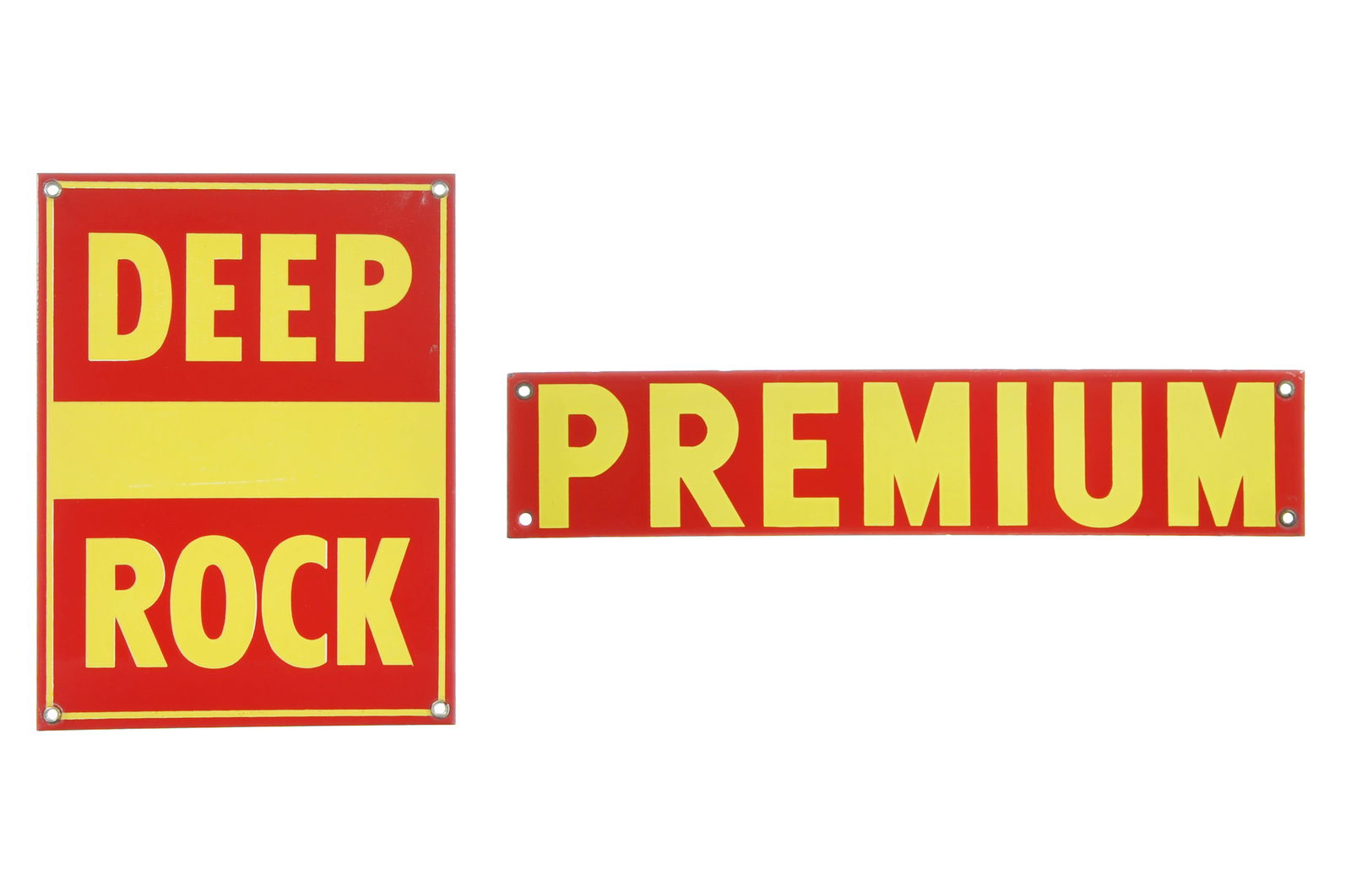 Deep Rock Porcelain Gas Pump Plate & Premium Signs: A nice set of two Deep Rock single-sided porcelain gas station signs, including a gas pump plate and a Deep Rock Premium gasoline sign. Both retain nice gloss. The pump plate has four mounting holes w