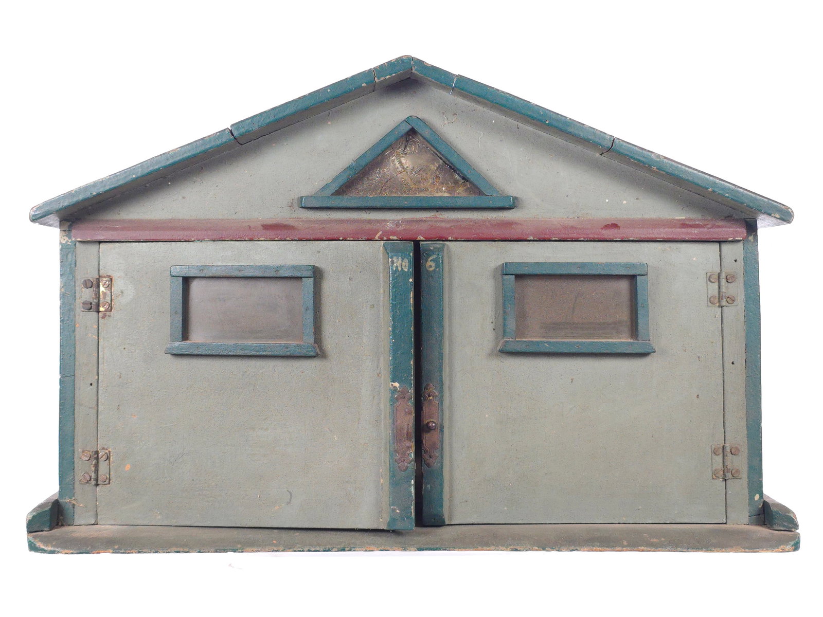 Large Folk Art Hand Painted Toy Garage: Outstanding folk art style hand-painted garage with early celluloid windows showing cracks and distress. The paint shows age but retains an outstanding and colorful look. The garage doors open and