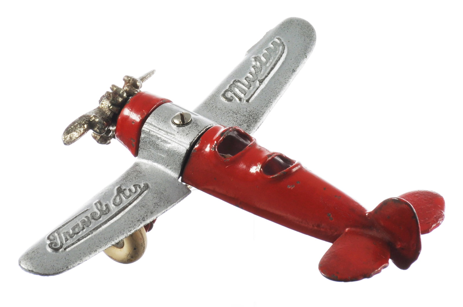 Desirable Kilgore Two Piece Cast Iron Airplane: Desirable cast iron airplane by Kilgore Toys in the more rare two-piece design, circa 1929. An extra clean original example with a larger, crisp casting. It measures approximately 6" L with an 8"