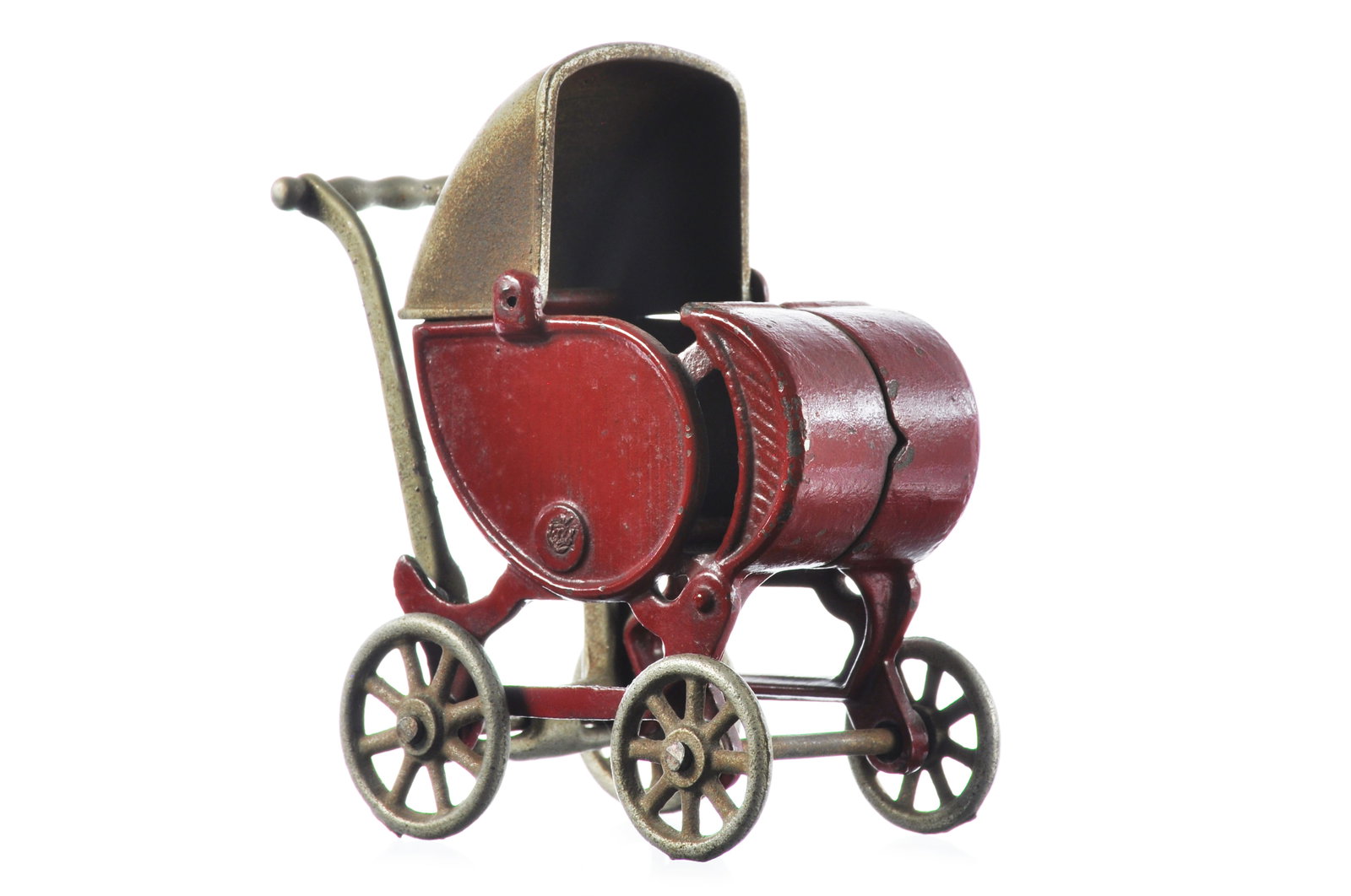 Kilgore Cast Iron Doll Pram Carriage: Kilgore doll carriage, also known as a doll pram, in a bright glossy red. One of the nicest examples we have seen, retaining original paint with clean wheels. The upper sunshade is articulated. An