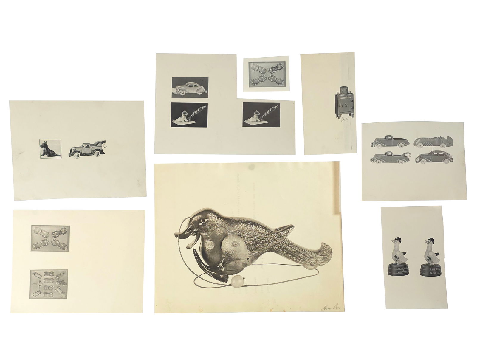 Hubley Toys Marketing Artwork: Fascinating group of Hubley Toys marketing pictures and artwork, including the Hubley Duck, a 1929 Depression-era toy where production was immediately stopped, along with 1930s Midget Line autos. Also