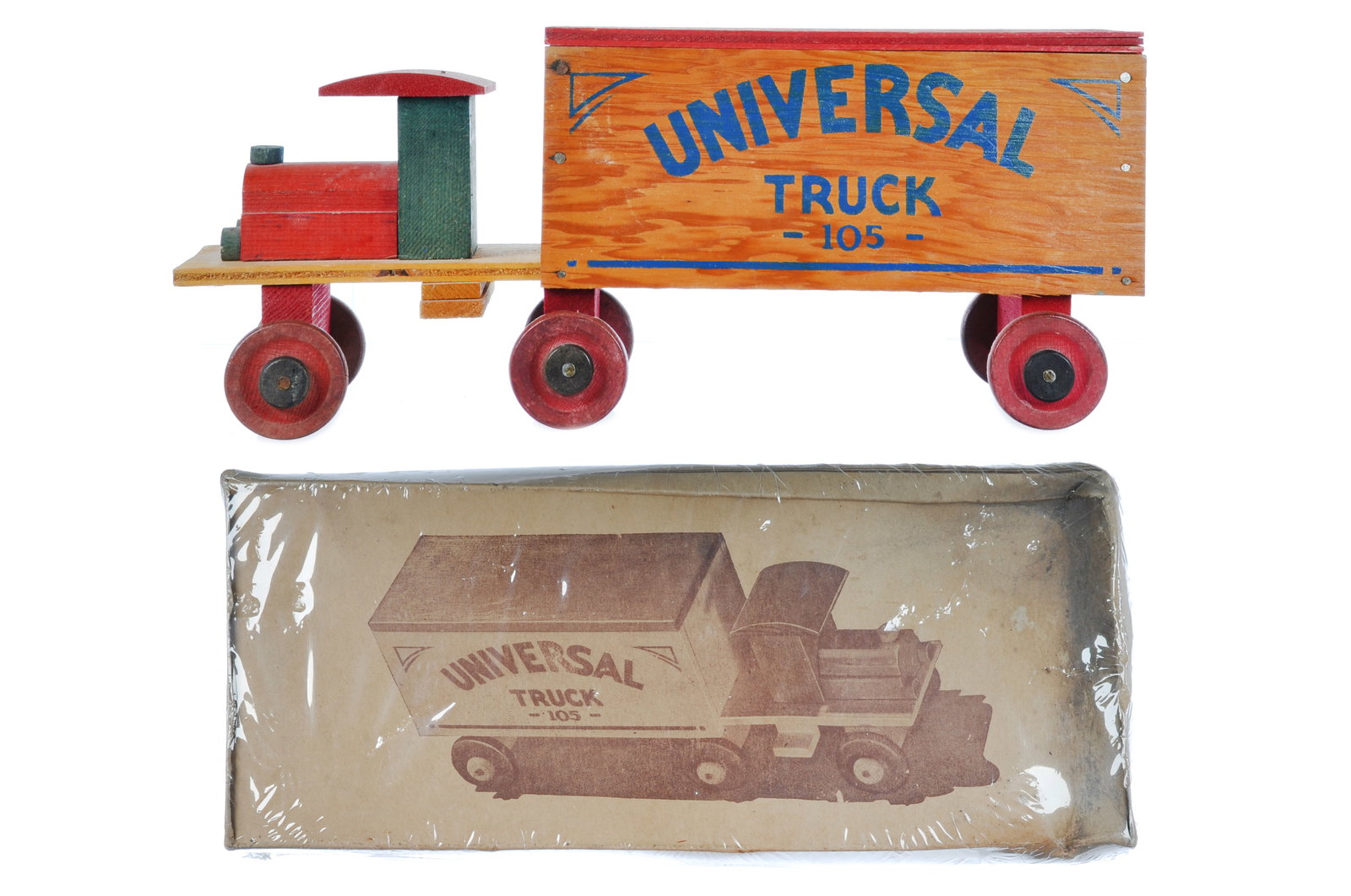 Universal Toys No. 105 Truck Boxed: Unusual Universal Toys Truck No. 105 with box. A very rare example in excellent condition, near new old stock, circa 1935, with great visual appeal. It measures approximately 14" L x 3.5" W x 6" H.
