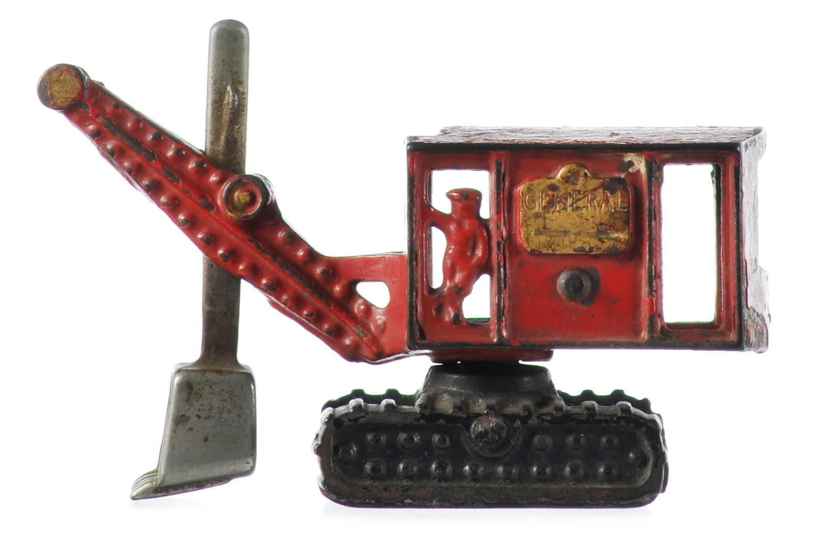 Hubley General Steam Shovel Cast Iron on Tracks: Hubley steam shovel in cast iron on tracks. A tough-to-find tracked version of the General shovel toy, and we have only seen a handful before. It measures approximately 5.75" L.