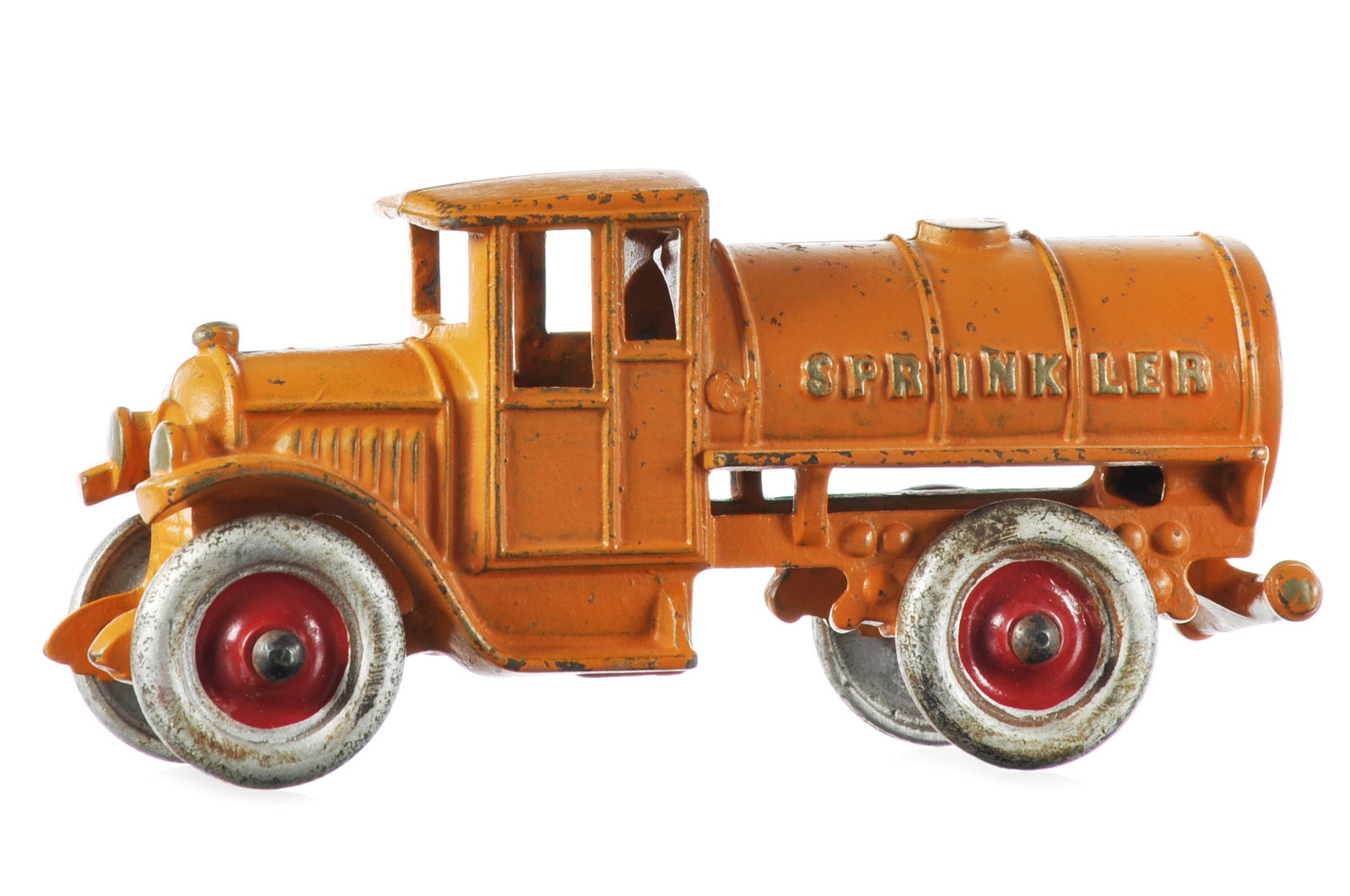 Rare Kenton Toys Sprinkler Truck Orange Cast Iron: Rare Kenton Sprinkler Truck with rear bar in orange by Kenton Toys, circa 1928, featuring a tall cab and proper red insert wheels. A larger cataloged example measuring approximately 7" L.