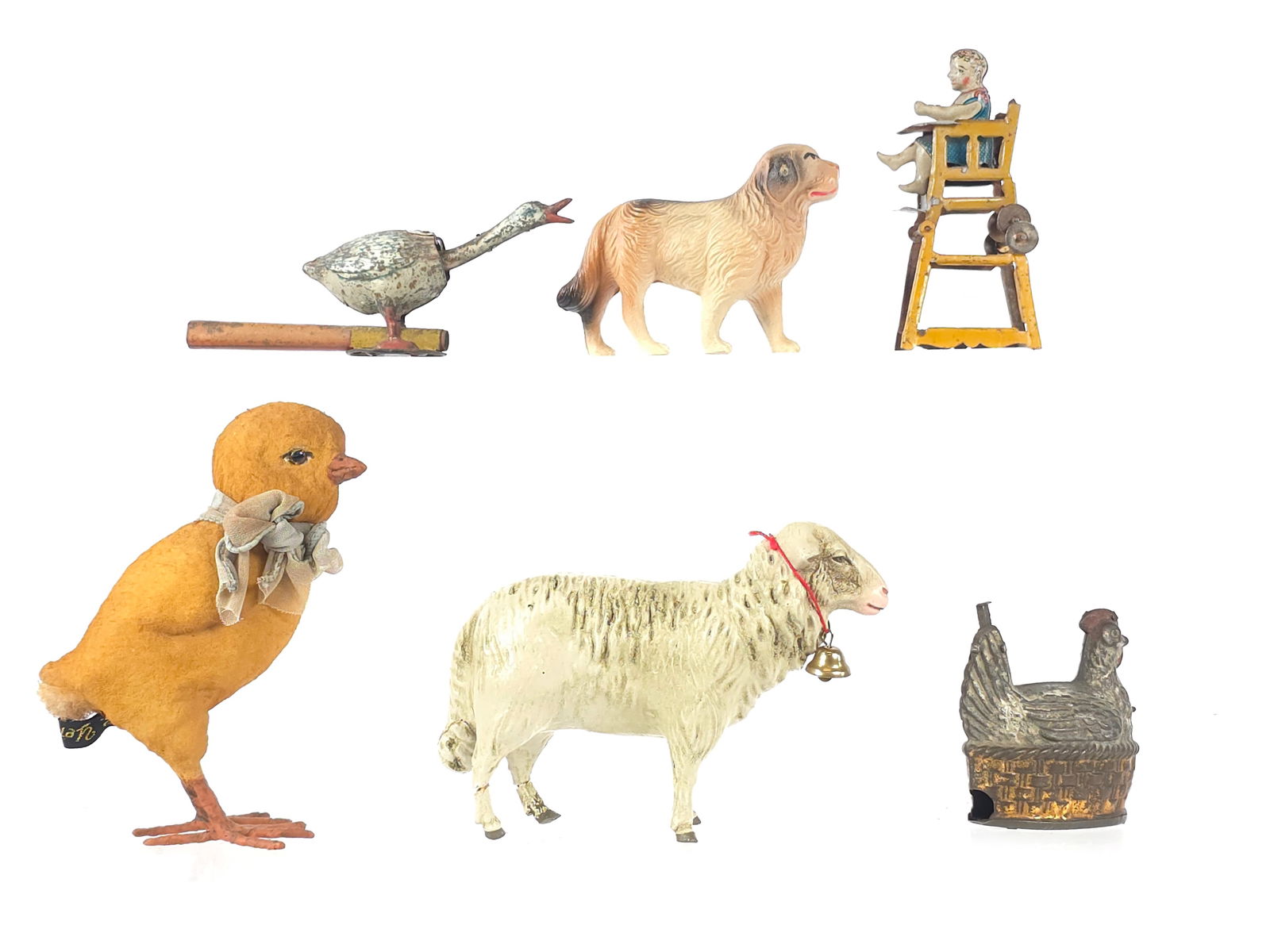 (6) European Tin Penny, Animal, Celluloid, and Composite Toys: Early European lot of animal and toy figures including a composite sheep with bell still attached, a small chick in extremely fine condition from a fastidious doll collector, a goose, hen, and high ch