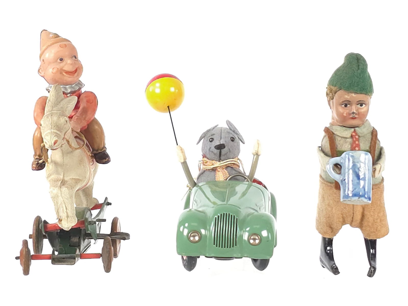 (3) Schuco Beer Drinker, Sonny 2005, & Japanese Clown: Three windup toys, including a scarce early 1937 Beer Drinking Man with a stein, German tin litho windup toy No. 982/6. The toy is working and jitters while moving his stein up and down to drink. It