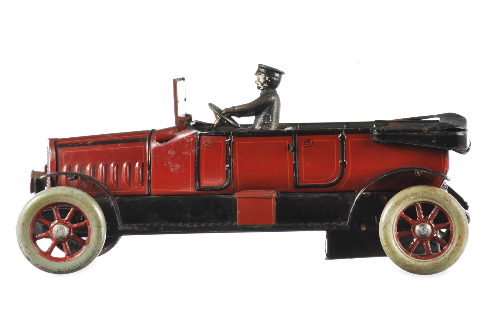 Distler 1925 Red Touring Car Tin Clockwork Windup: Distler ca. 1925 red open sedan, identified in the German catalog as "Tourenwagen Nr. 508 mit Uhrwerk." It features steerable front wheels, great original headlights, cowl lights, a toolbox on the