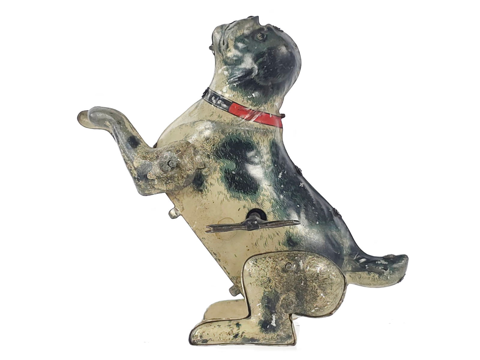 Gunthermann Salto Flipping Dog Windup Toy: Gunthermann Salto Flipping Dog windup toy marked S.G. on his collar. We tested him, and he worked for us. The tin belly cover is missing. He measures approximately 4" H.