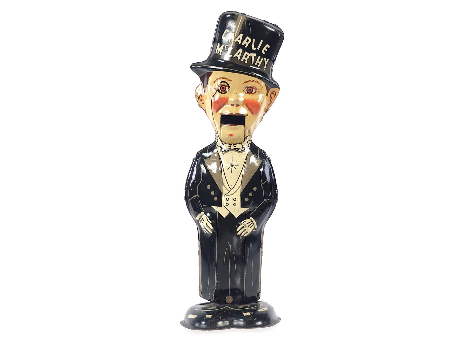 Marx Charlie McCarthy Tin Litho Windup Walker Toy: Extra clean Marx Charlie McCarthy tin litho wind-up walking toy. The toy has bright, clean litho with nice red on the cheeks. Mouth opens and closes when in operation. It has been tested and is