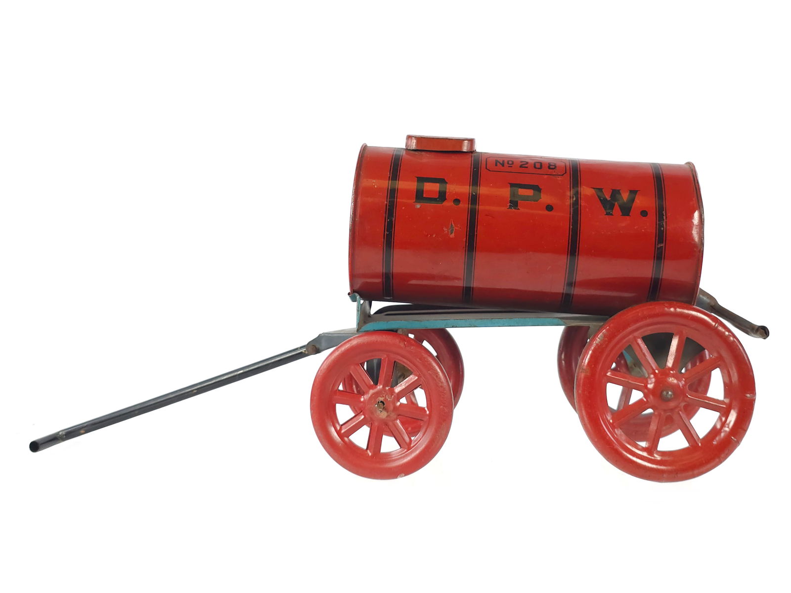 Nonpareil No. 208 D.P.W. Water Tank Wagon Tin: Nice and shiny tin lithographed Nonpareil No. 208 D.P.W. water tank wagon. It measures approximately 10" L.