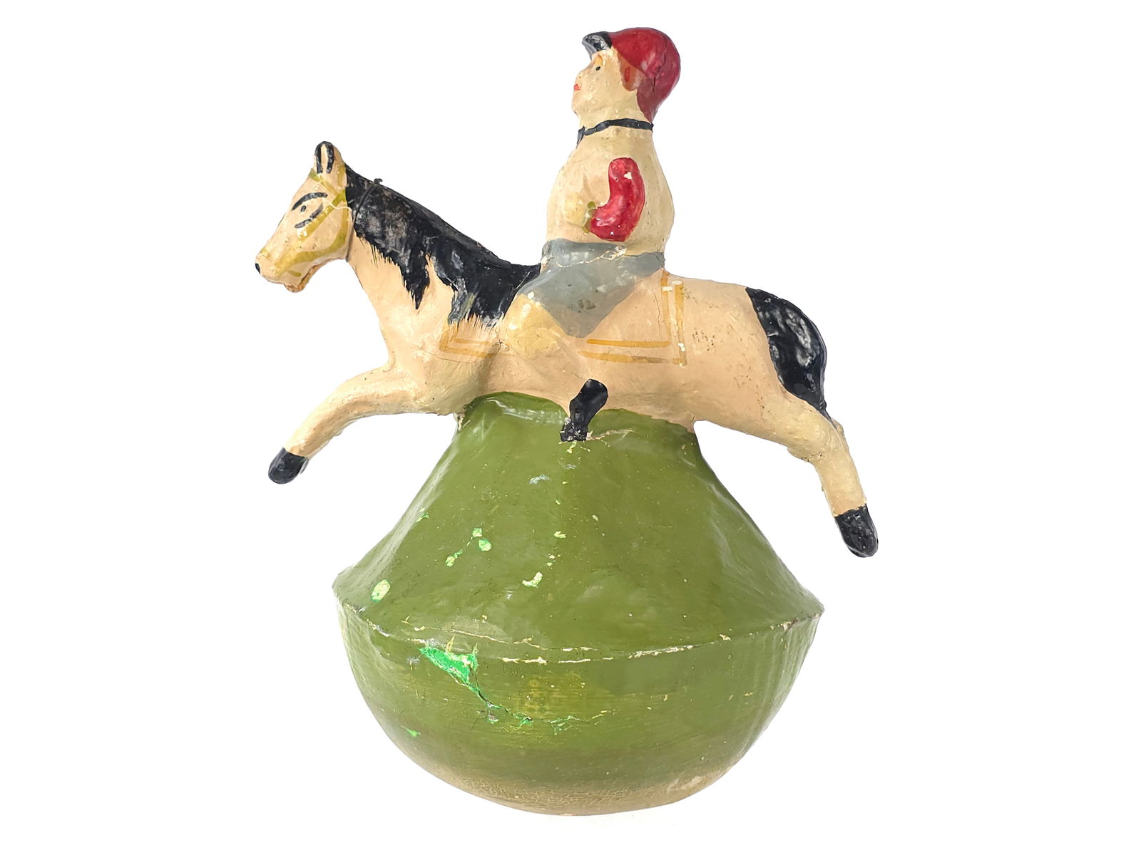 Beautiful German Horse & Jockey Roly Poly Toy: German papier-mache or composition "roly-poly" toy depicting a jockey figure on horseback. It features a weighted base designed to make the toy wobble or rock back and forth without tipping over. This