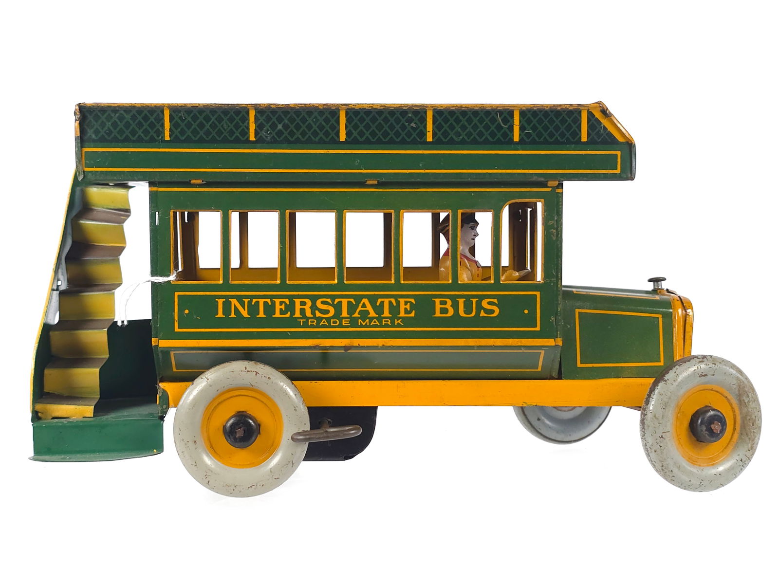 Strauss ca. 1930’s Tin Litho #98 Green “Interstate Bus" Windup Toy (1 of 6)