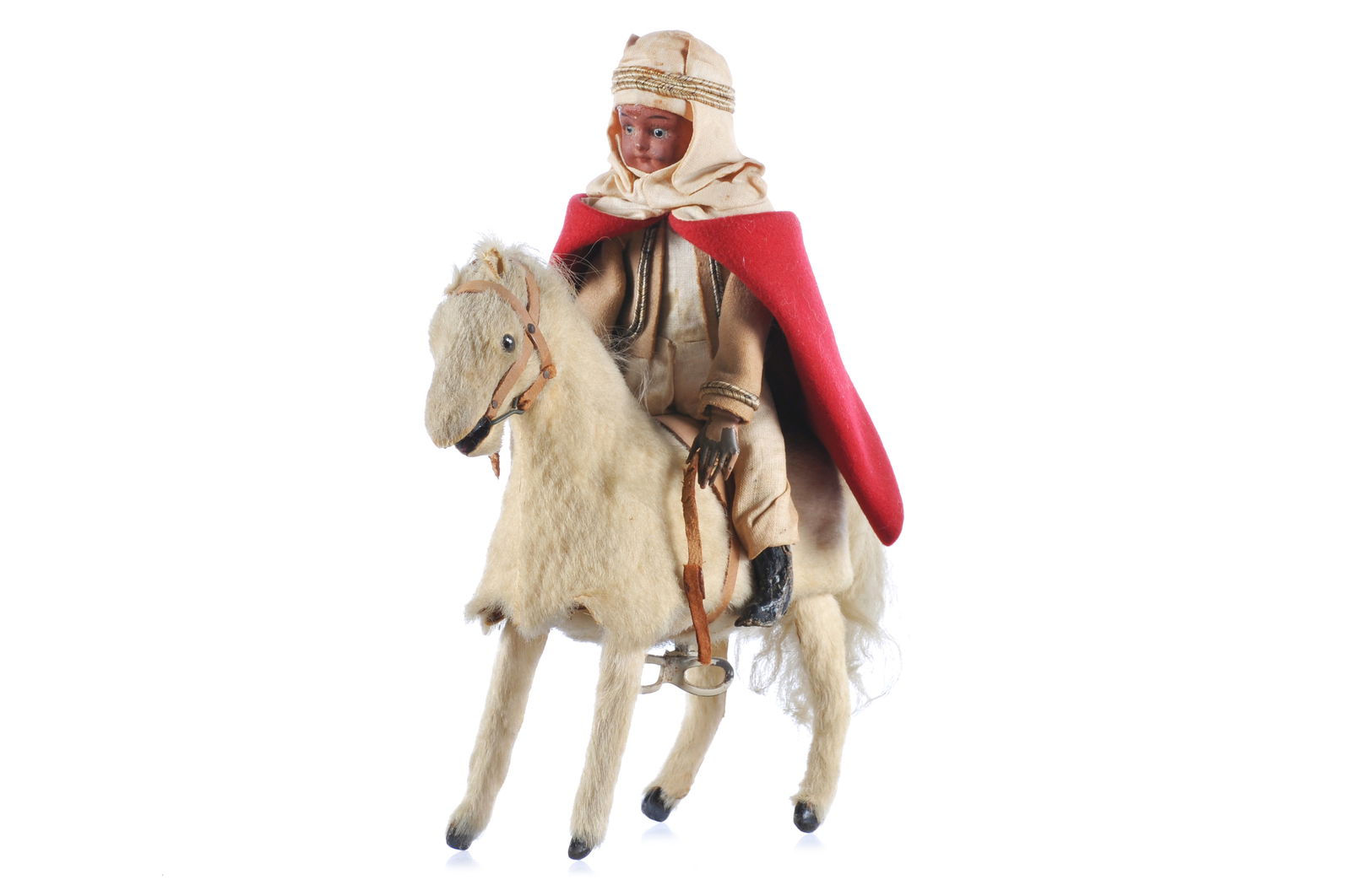 French ca. 1880s Mechanical Arab Horseman on Horse: This is a rare antique French ca. 1880s mechanical Arab horseman on horseback. The horse is hide-covered paper mache with glass eyes, a white mohair mane, leather reins, and a windup mechanism on its