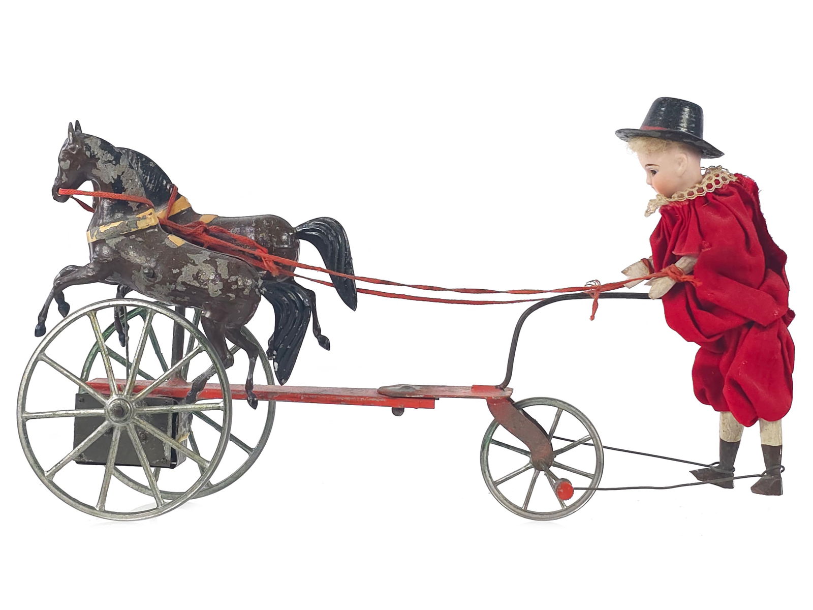 German Galloping Horse Team Automaton Toy: A uniquely rare late-Victorian mechanical horse-drawn walking driver automaton toy, most commonly produced in Germany in the Nuremberg and Sonneberg region between about 1880 and 1900. The figure