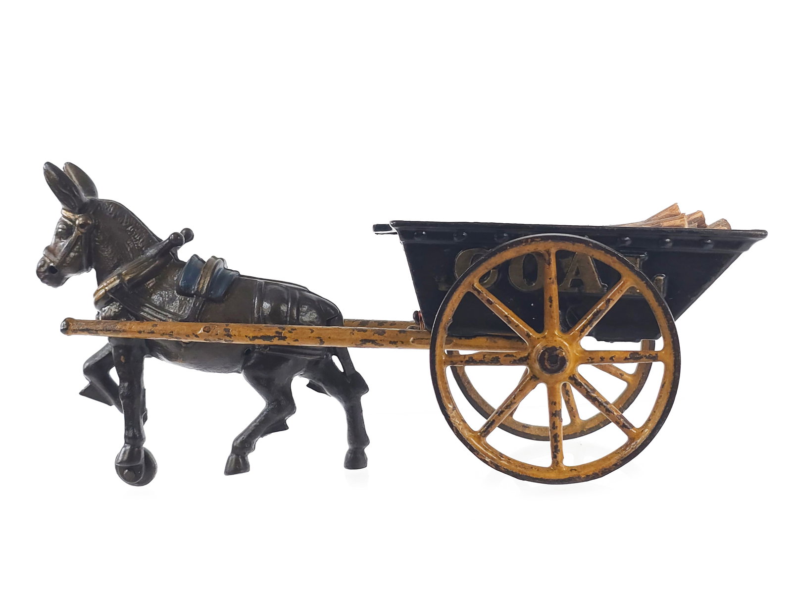 Extra Large Kenton Toys Coal Cart with Mule: Kenton Mule and Coal Cart, likely No. 598 by Kenton Toys and similar to a version cataloged in 1914. This large-scale toy retains original paint and came from a California designer’s estate. The buc