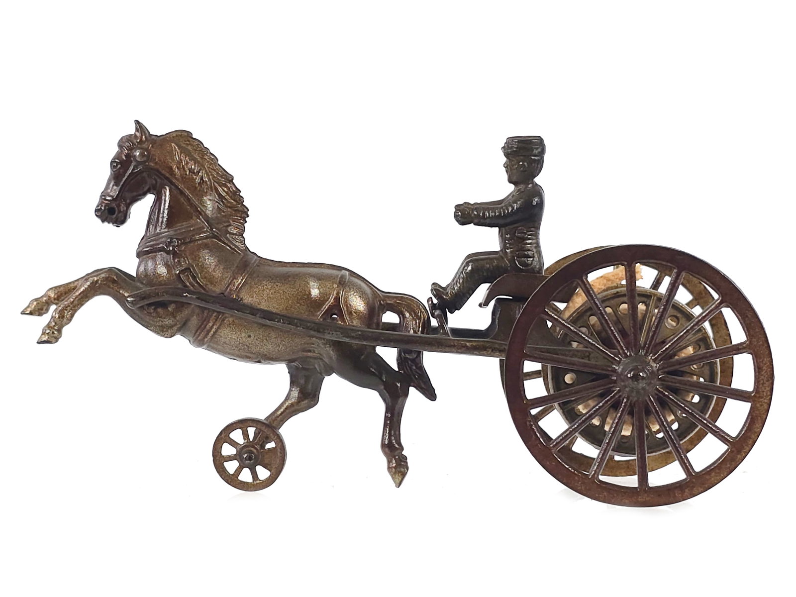 Sculptural Shimer Fire Hose Reel Cast Iron: Striking William Shimer, Son & Co. No. 60 horse cart, also known as a fire hose reel horse, cataloged in 1903. Fire toy with nicely plated driver and incredible cast-in horse detailing. The oft-missin