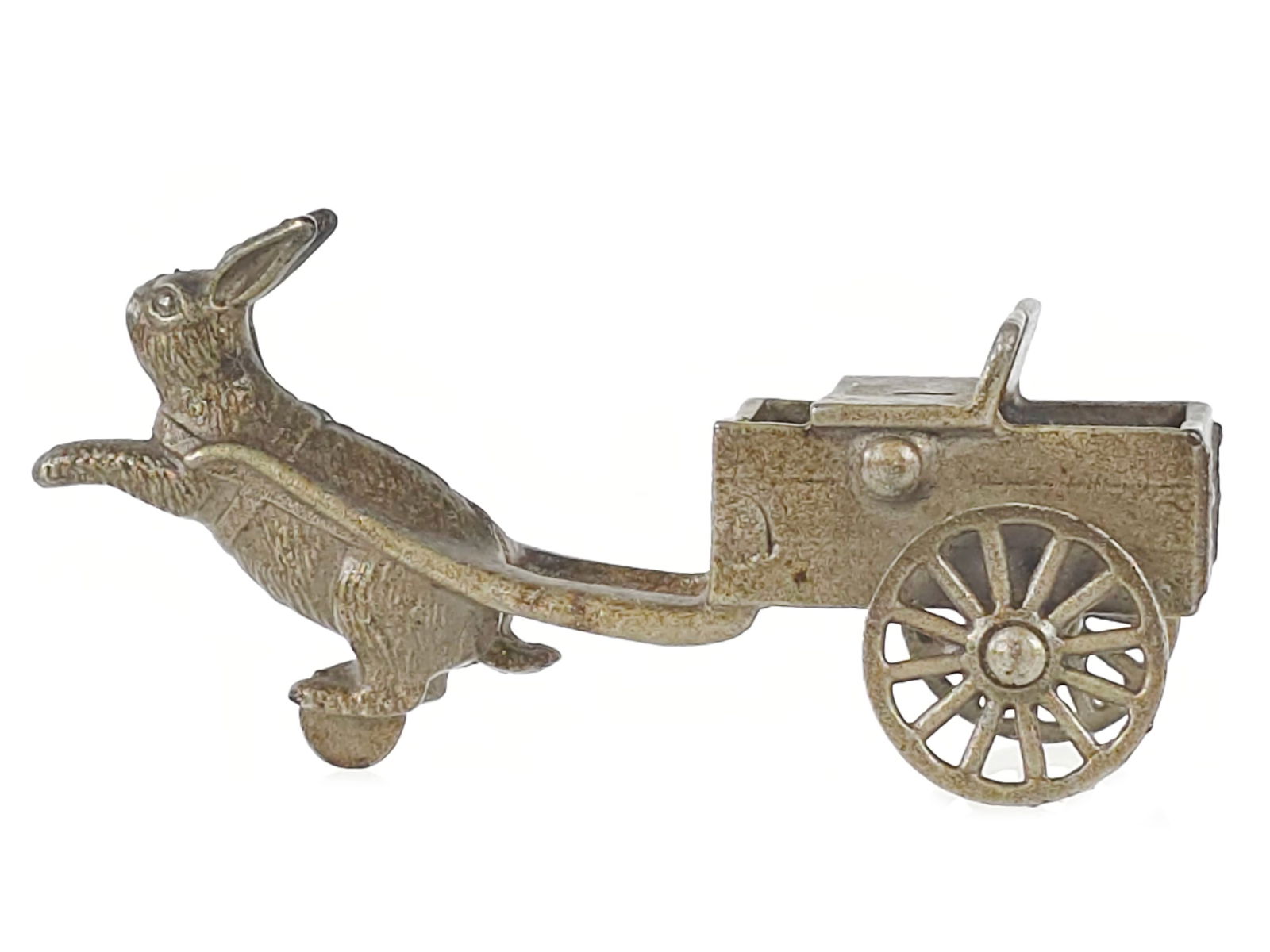 Ideal Cast Iron Rabbit Cart: Rabbit cart with fine detailing attributed to Ideal Toys in the removable rider variation, with rider missing. Great cast-in cart panel lines and well-formed spoked wheels. It measures approximately 5