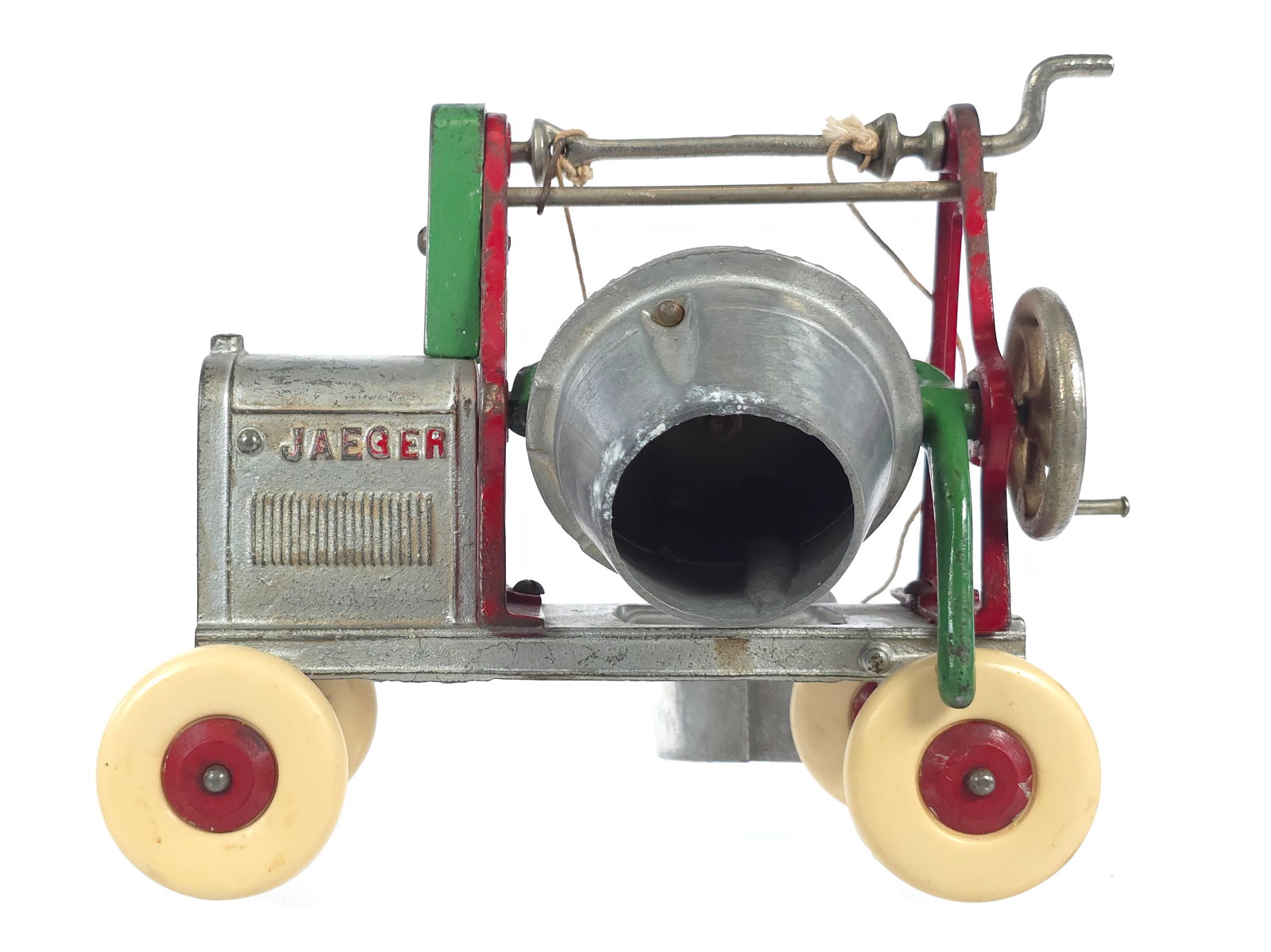 Extra Large Kenton Toys Jaeger Cast Iron Cement Mixer: Extra large Kenton Toys Jaeger cement mixer in original condition with replaced tires. The scale is immense and represents the largest of the series. The sand bucket is cast in aluminum, while the rem