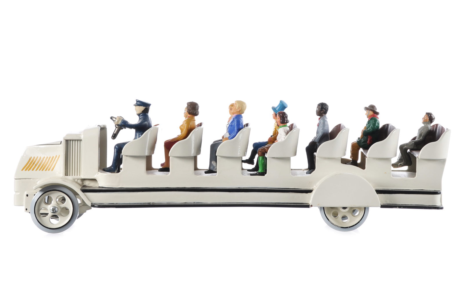 Large Custom Cast Iron Mack Truck Sightseeing Tour Bus: Custom sightseeing tour bus with figures in cast iron. Amazing and heavy toy with strong features and nice design. It was an actual design used in New York circa 1920. This custom example appears to h