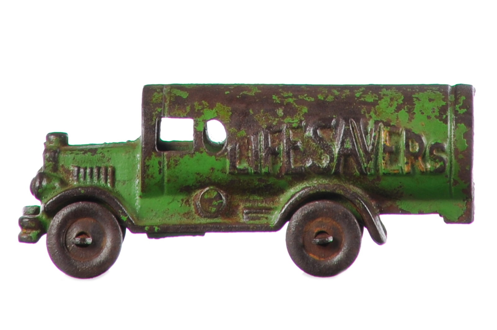 Hubley Life Savers Truck Cast Iron: Sought after Hubley Life Savers advertising truck. The toy has proper paint and wheels. A great survivor, as it was introduced around 1929 at the time of the Great Depression. It measures approximatel
