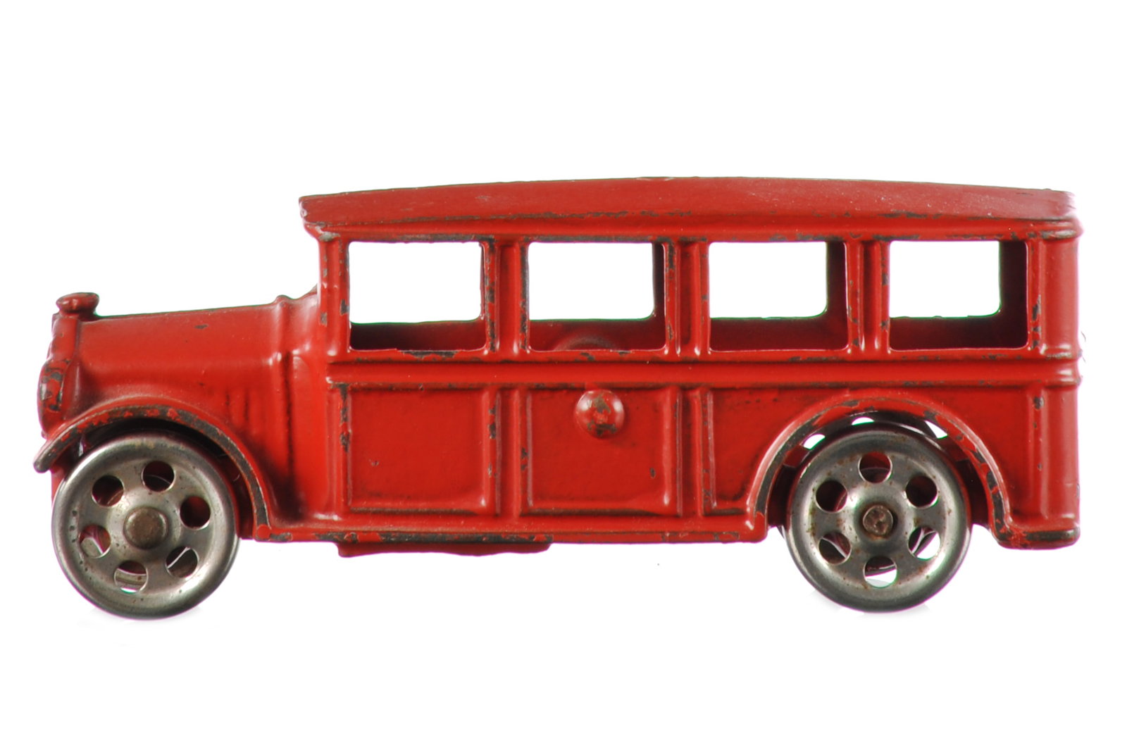 Stellar Dent Medium Cast Iron Red Bus: Seller-original condition Dent medium-sized iron bus. The toy retains original wheels with proper axles and shows no cracks or breaks. The paint presents beautifully and near new. A very rare bus that