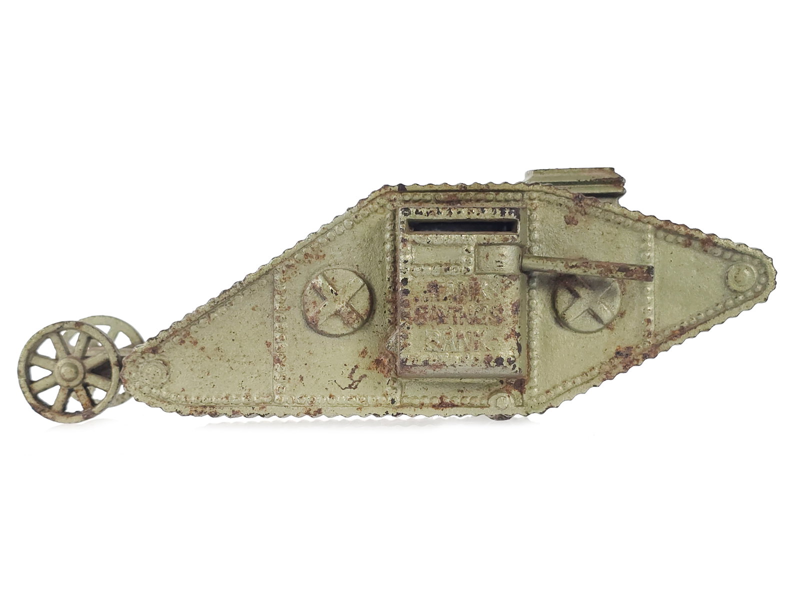 Ferrosteel Tank Savings Bank Cast Iron in Green: Challenging-to-find Tank Savings Bank in cast iron by Ferrosteel. This very large savings bank features nice riveted detailing and turret forms. The toy retains original green paint, along with a