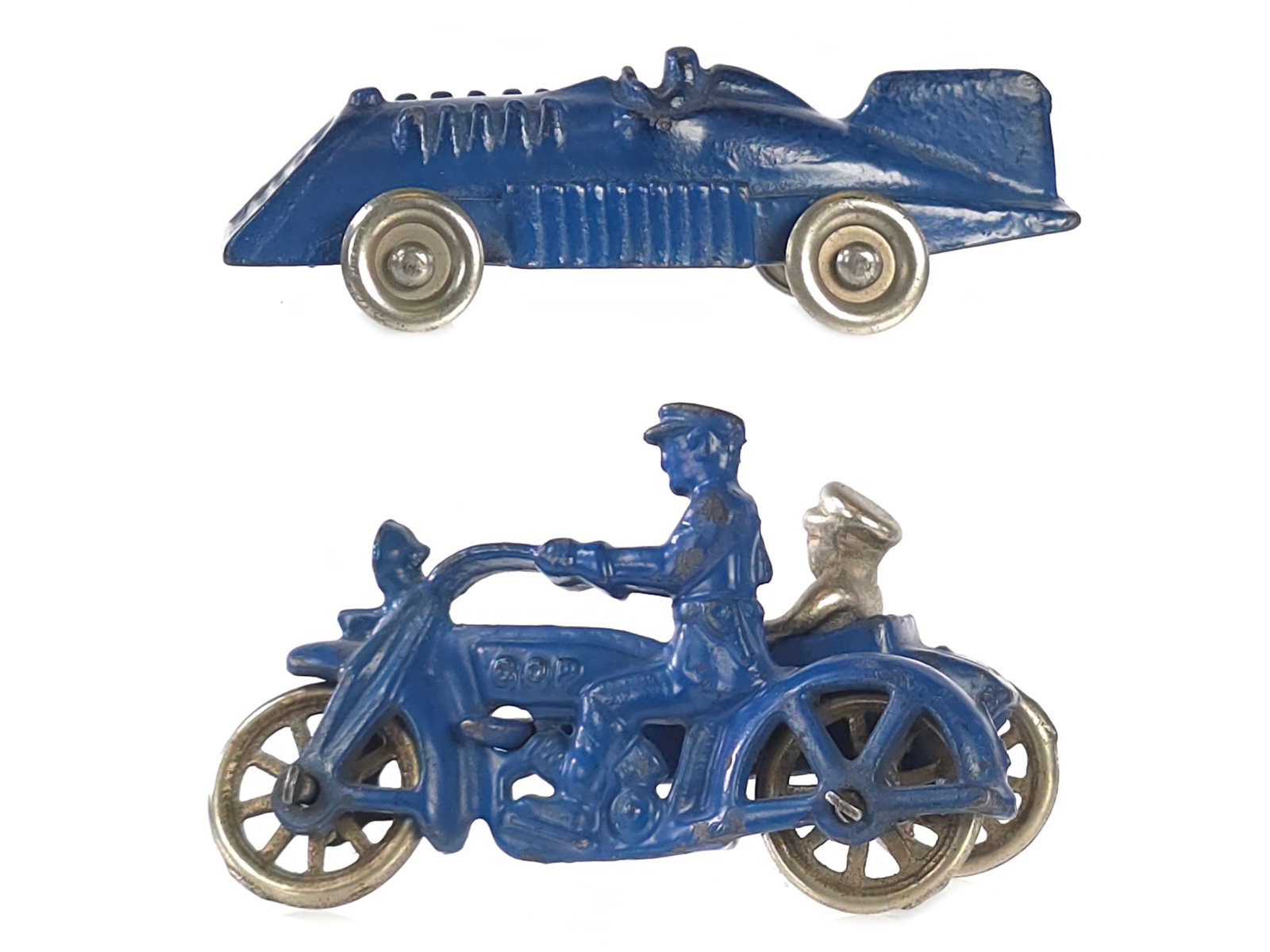 (2) Blue Hubley Race Car and Cop Motorcycle Cast Iron (1 of 6)