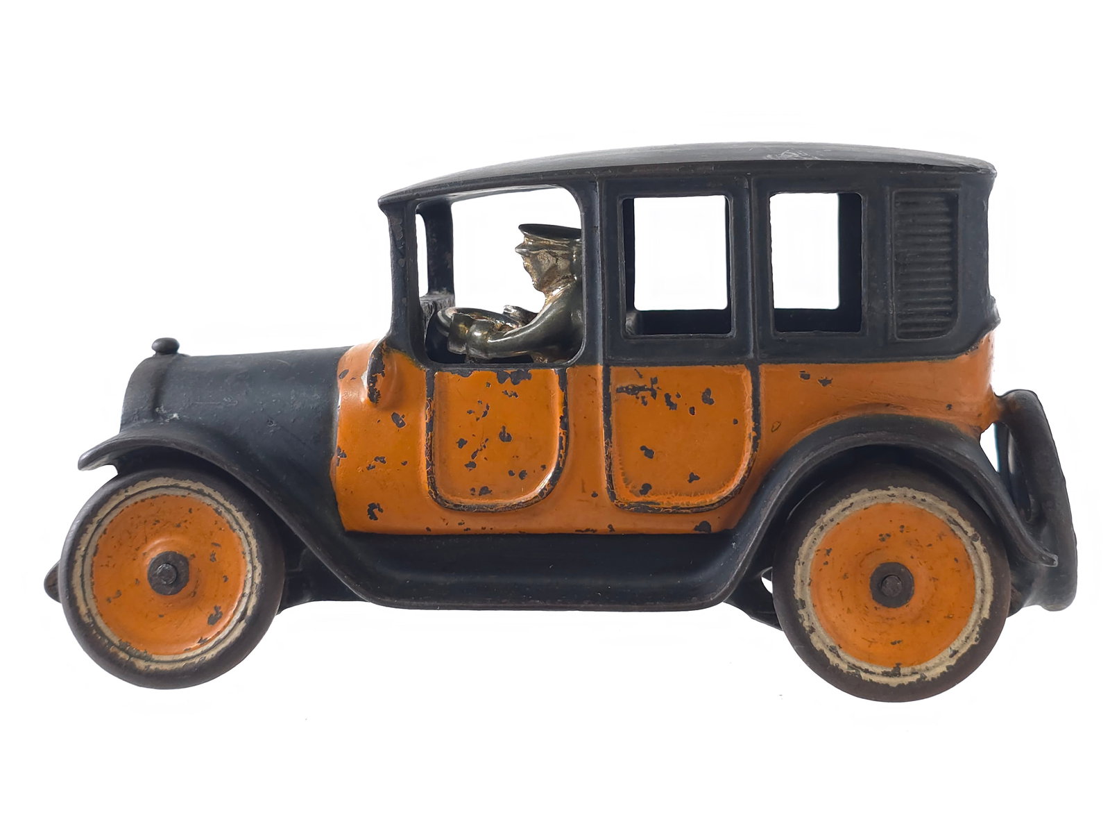 Arcade No. 1 Taxi Cab Cast Iron with Driver in Orange and Black (1 of 6)