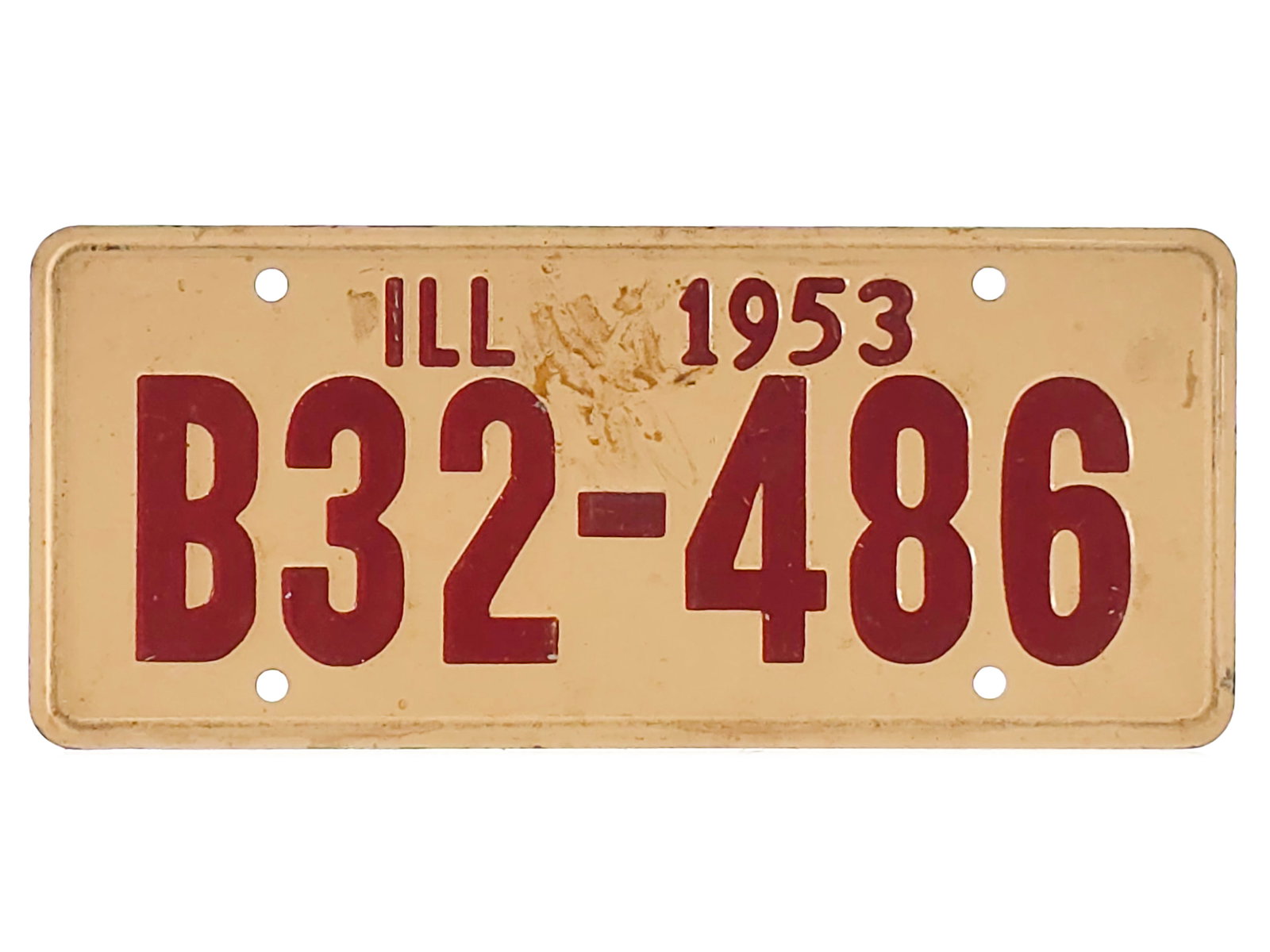 Illinois 1953 Bicycle License Plate: Bicycle license plate for the state of Illinois, dated 1953. It is marked B32-486 and features a creamy white background with red lettering. The plate should clean to a higher grade. It measures appro