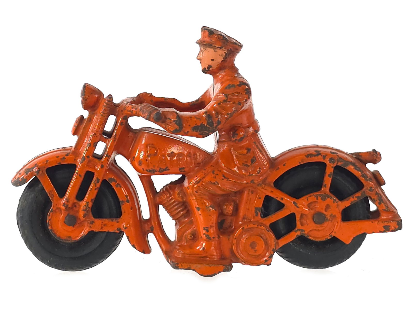 1940 Hubley Cast Iron Patrol Motorcycle in Orange (1 of 6)