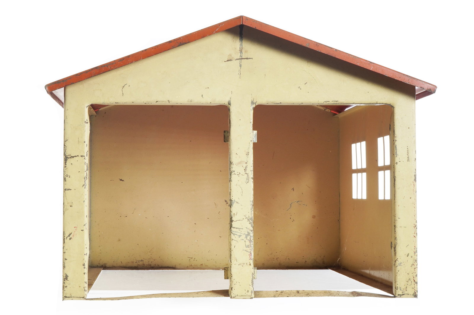 Pressed Steel Large Garage, Likely Turner: Turner Toys garage made of heavy gauge steel. This substantial accessory measures approximately 16.25" x 21.25" x 11.75" and dates to circa 1920. The roof and sides are in good condition, though the d