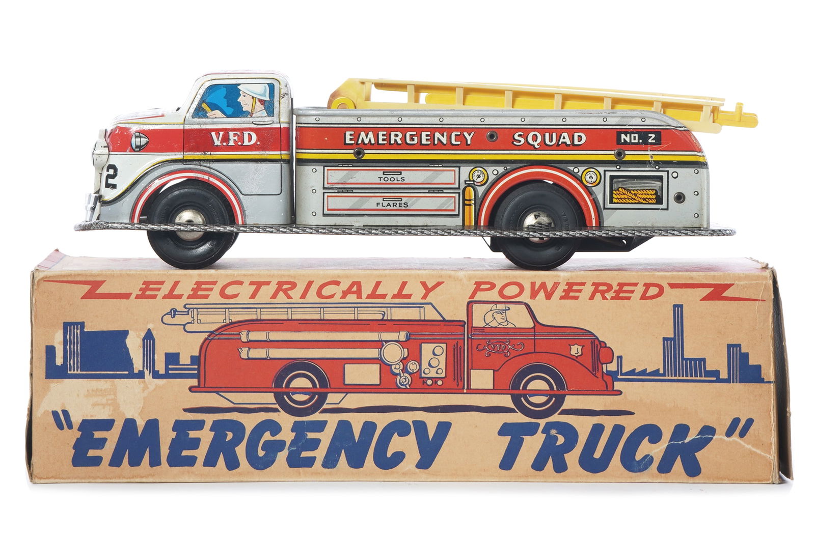 Marx Boxed Emergency Truck: Tin boxed Marx Emergency fire truck by Louis Marx & Co. The toy shows aging to the roof, and the box is marked $2.98. We were unable to get the motor to function. The truck measures approximately 16"