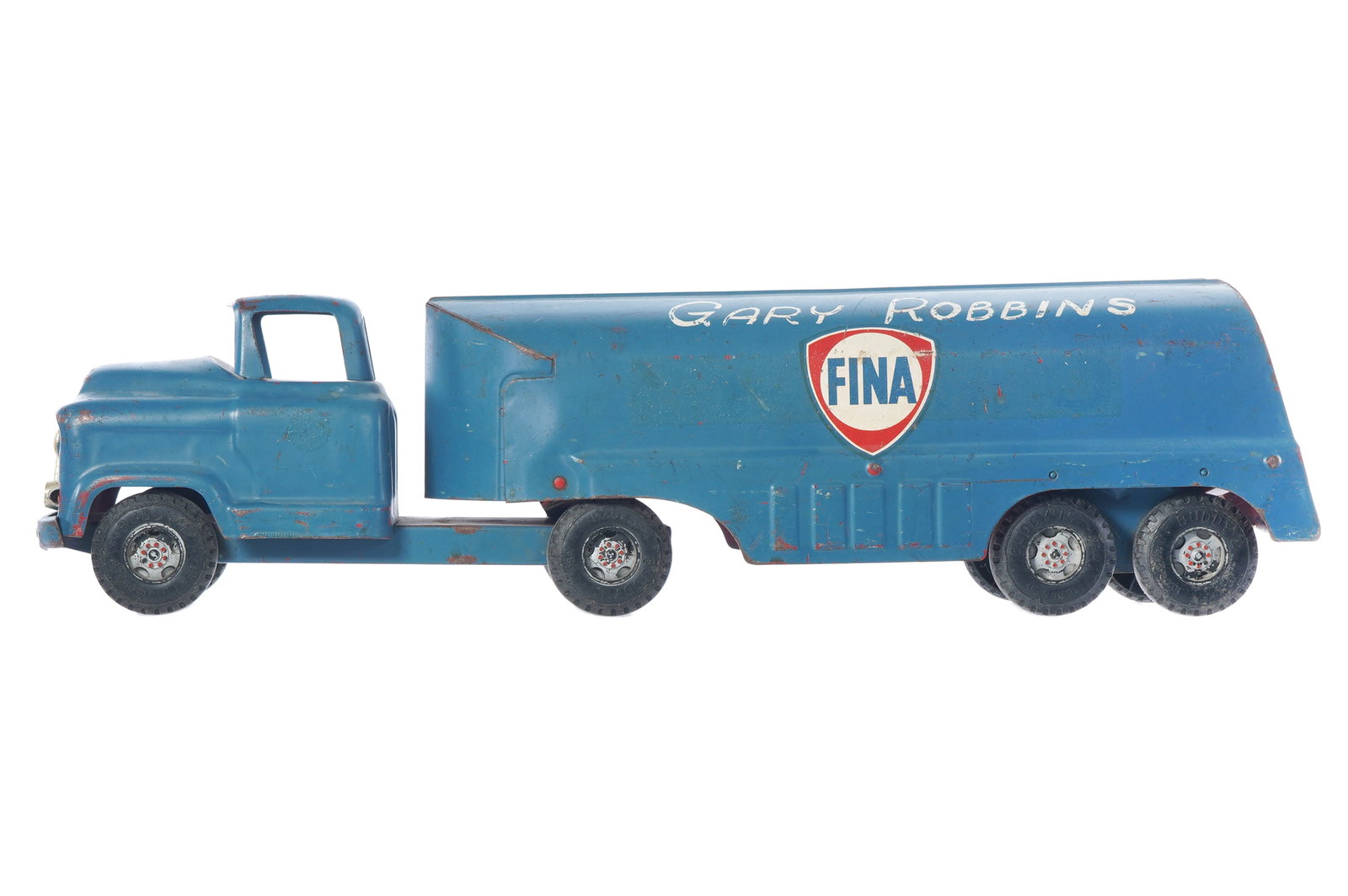 Buddy L Private Label Gary Robbins FINA Gas: Steel gas truck hand painted for FINA Gas. This example appears to be a period hand-painted and stickered advertising toy, as the FINA logo is very well executed. A large and impressive display piece,
