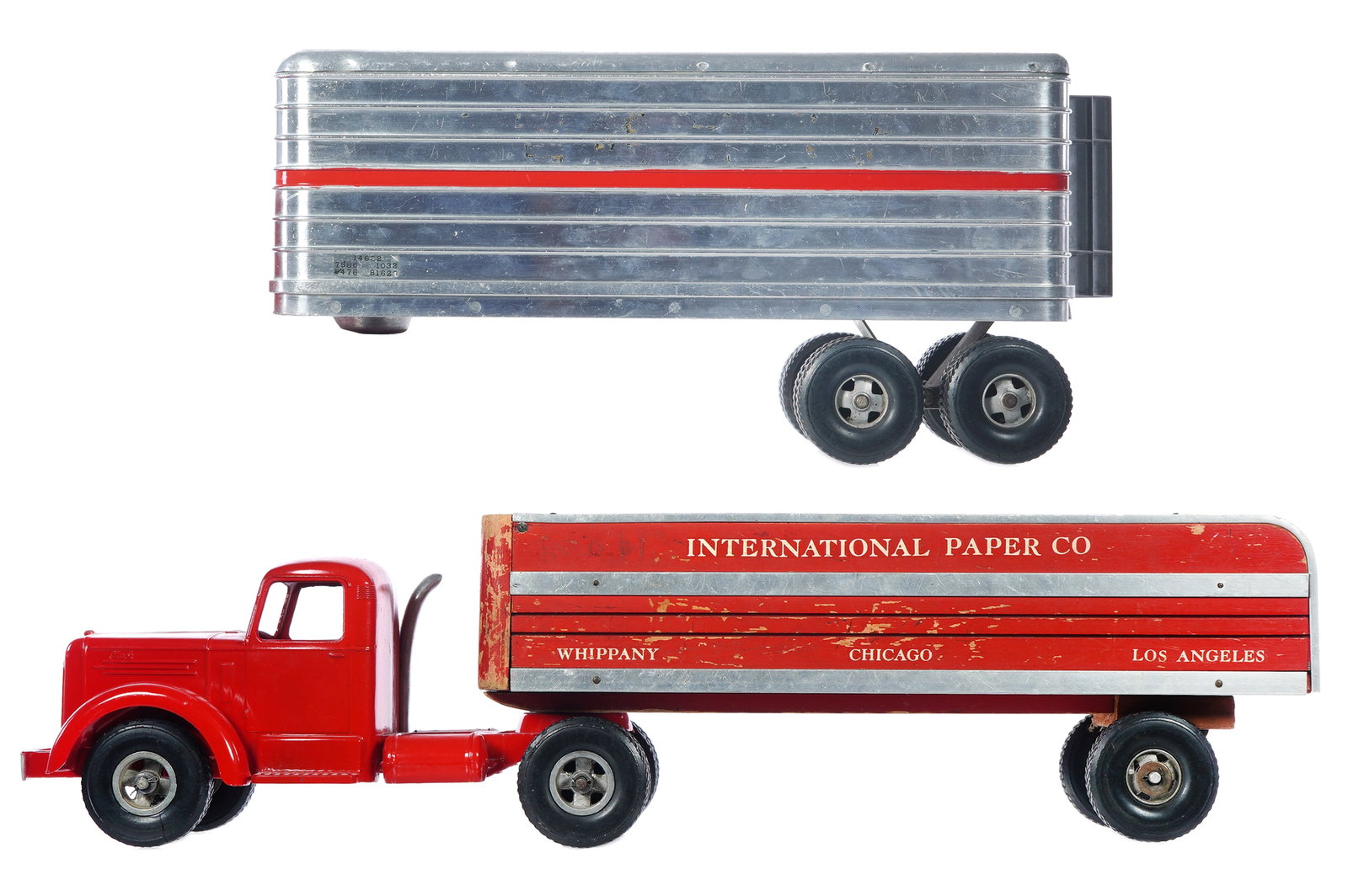 Smith Miller Cargo and Paper Trailer Set: Deluxe Smith Miller International Paper Co. cargo truck and trailer set. The set includes a red restored cab with proper rubber tires and a trailer marked WHIPPANY, CHICAGO, and LOS ANGELES. Both trai